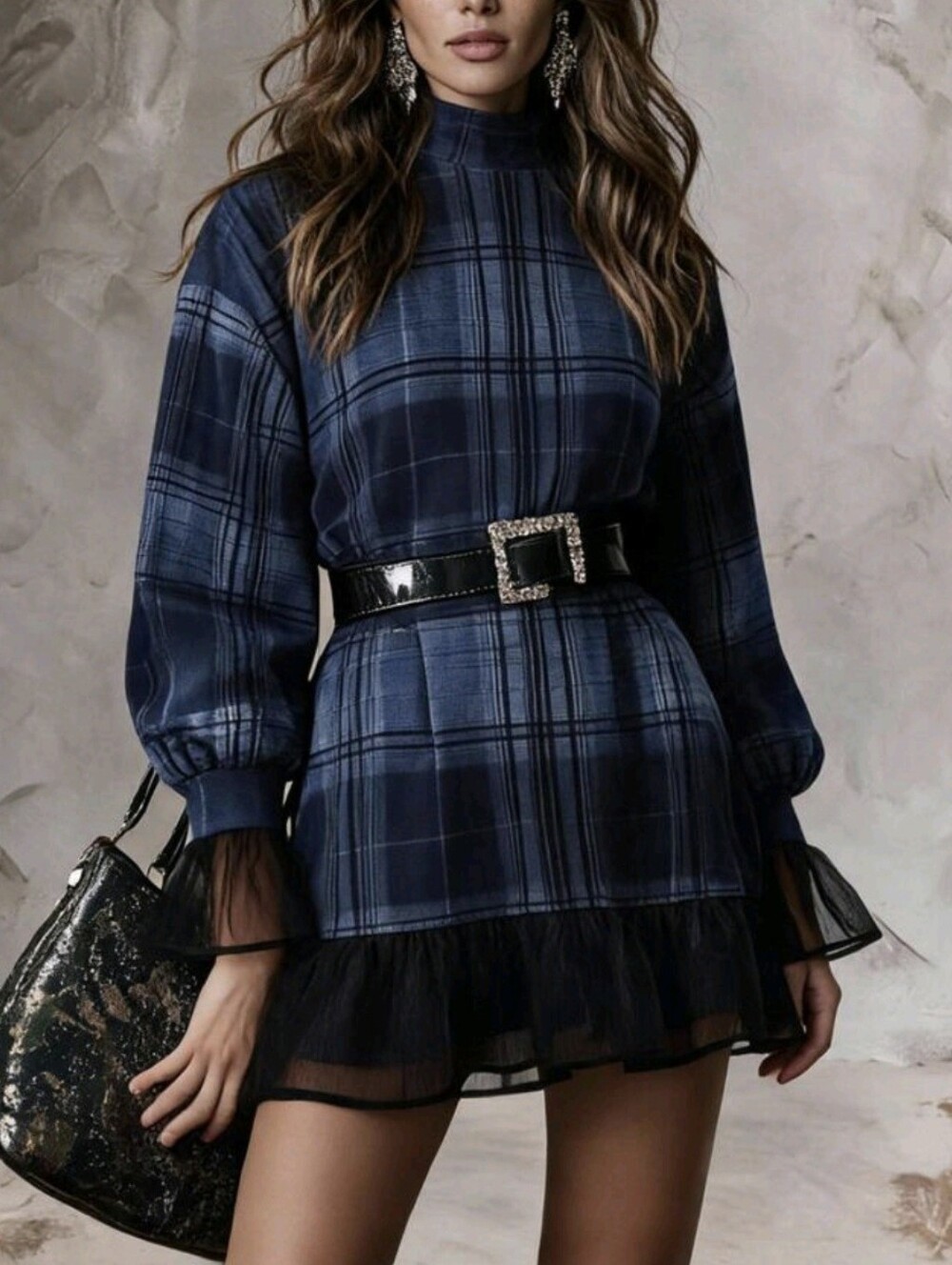 Women's Casual Mini Dress Plaid Dress Vintage Romantic - Picture 8 of 8